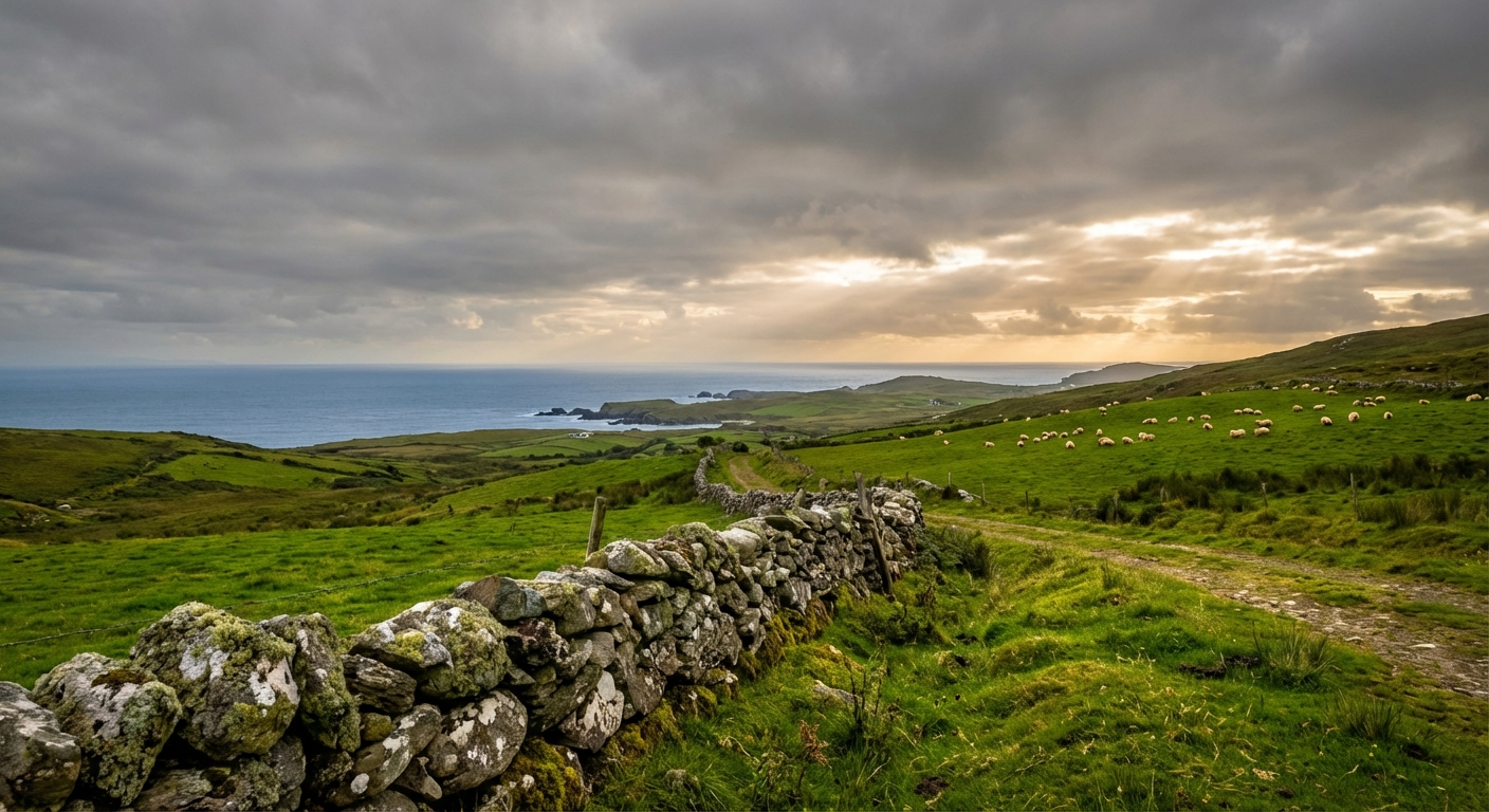 Dramatic Irish countryside landscape with rolling green hills
