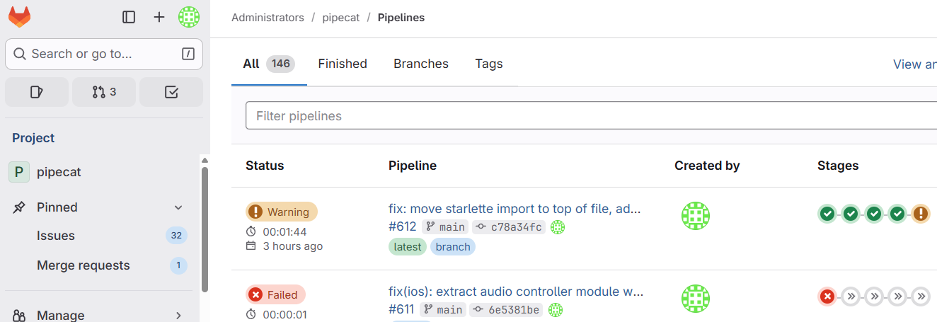 GitLab Pipelines List